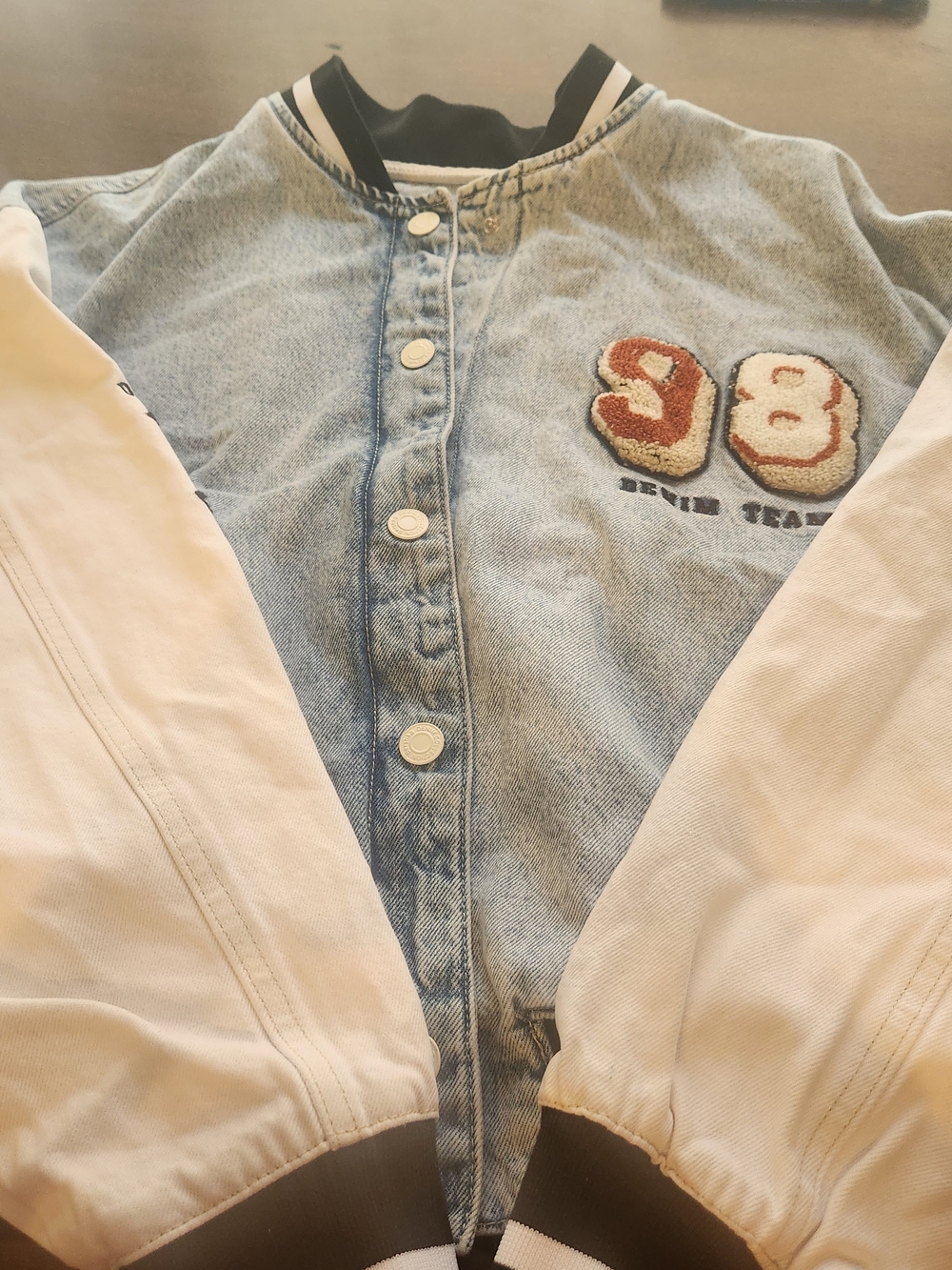 Bershka Light Blue Denim Bomber Jacket with Cream Sleeves